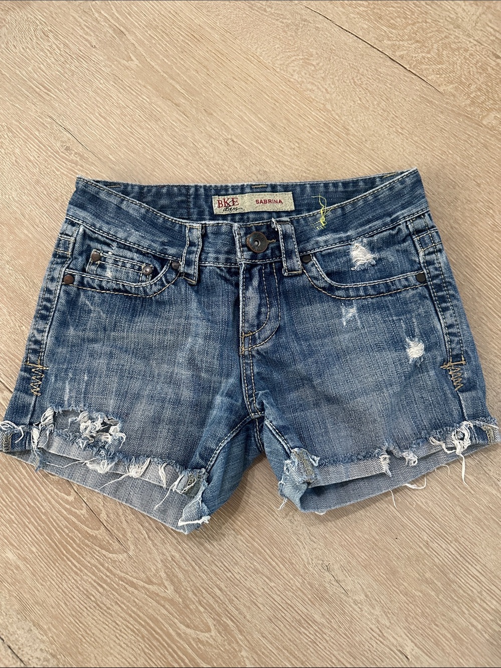 BKE Sabrina Frayed Distressed Blue Denim Shorts